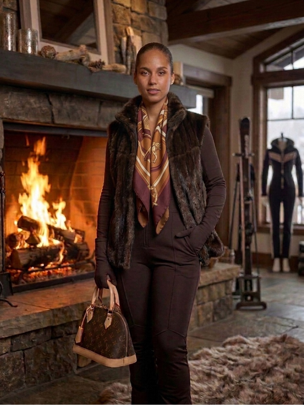Alpine Studio Faux Mink Fur Zip-Front  Reversible Vest in Dark Brown